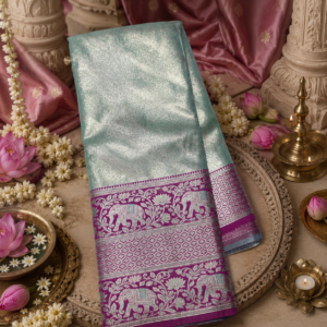 Meenakari border fancy flower brocket with floral pallu and matching blouse1 Mint Green & Magenta Elephant Meenakari Brocade Silk-Mix Saree | Traditional Festive Wear