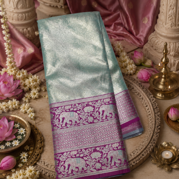 Meenakari border fancy flower brocket with floral pallu and matching blouse1 Mint Green & Magenta Elephant Meenakari Brocade Silk-Mix Saree | Traditional Festive Wear