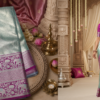 Meenakari border fancy flower brocket with floral pallu and matching blouse(2) Mint Green & Magenta Elephant Meenakari Brocade Silk-Mix Saree | Traditional Festive Wear