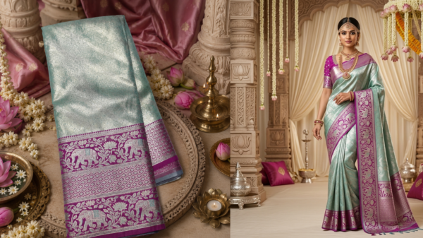 Meenakari border fancy flower brocket with floral pallu and matching blouse(2) Mint Green & Magenta Elephant Meenakari Brocade Silk-Mix Saree | Traditional Festive Wear