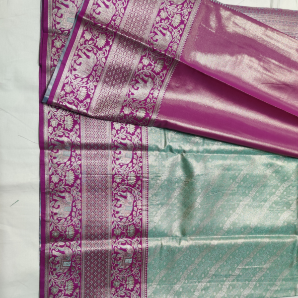 Meenakari border fancy flower brocket with floral pallu and matching blouse3 Mint Green & Magenta Elephant Meenakari Brocade Silk-Mix Saree | Traditional Festive Wear
