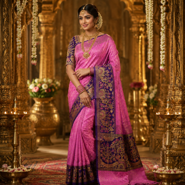 Dharmavaram Pure Silk Pink Saree with Royal Violet Peacock & Tree Zari Border