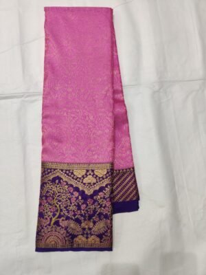 Dharmavaram Pure Silk Pink Saree with Royal Violet Peacock & Tree Zari Border