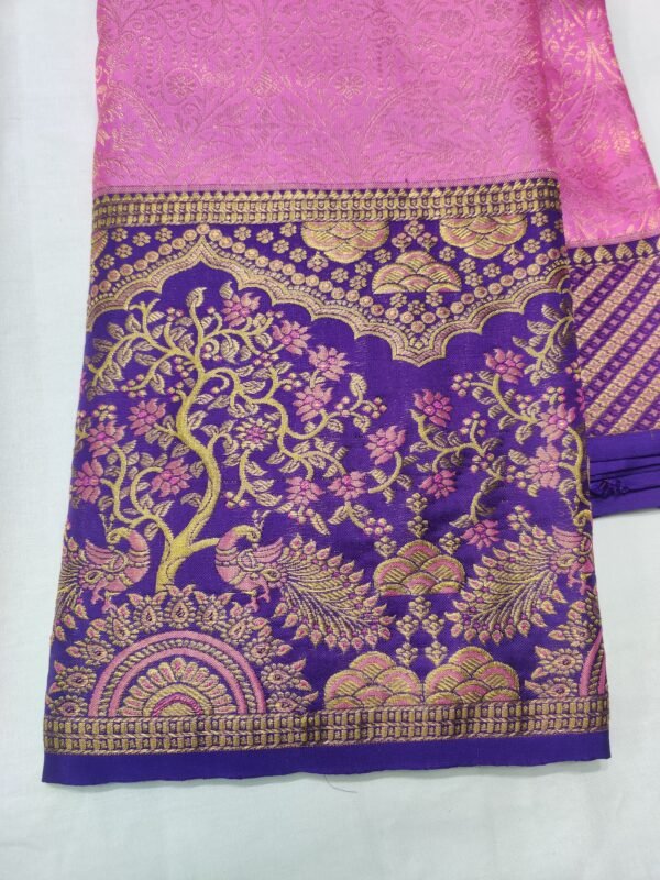 Dharmavaram Pure Silk Pink Saree with Royal Violet Peacock & Tree Zari Border