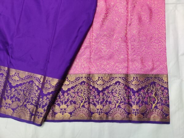 Dharmavaram Pure Silk Pink Saree with Royal Violet Peacock & Tree Zari Border