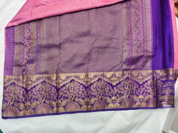 Dharmavaram Pure Silk Pink Saree with Royal Violet Peacock & Tree Zari Border