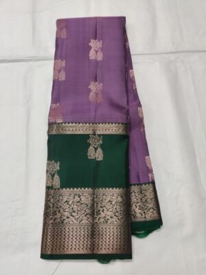 Semi Kanchi Pattu Handloom Saree Lavender colour & Emerald Green with Peacock Zari Border | Traditional Silk Saree