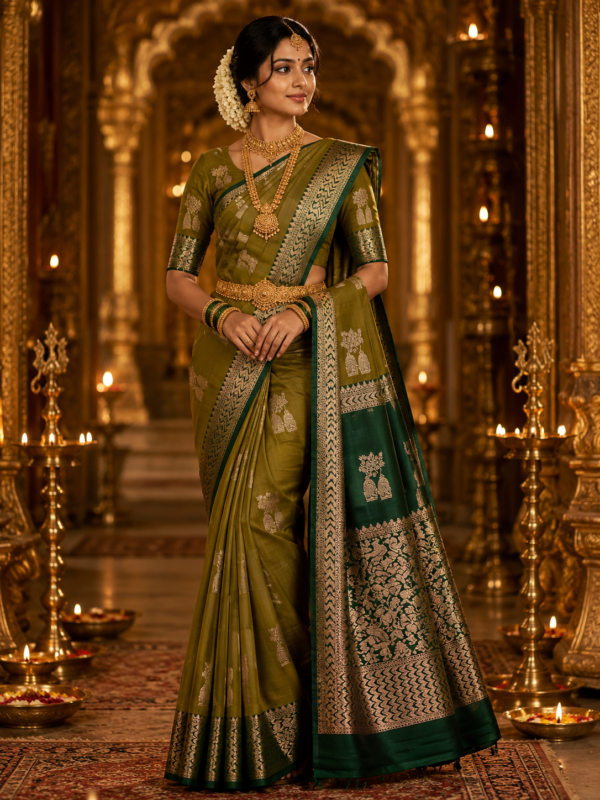 Semi Kanchi Pattu Handloom Saree in Olive Gold with Emerald Green Peacock Zari Border Semi Kanchi Pattu Handloom Saree Olive Gold & Emerald Green with Peacock Zari Border | Traditional Silk Saree