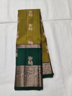 Semi Kanchi Pattu Handloom Saree Olive Gold & Emerald Green with Peacock Zari Border | Traditional Silk Saree