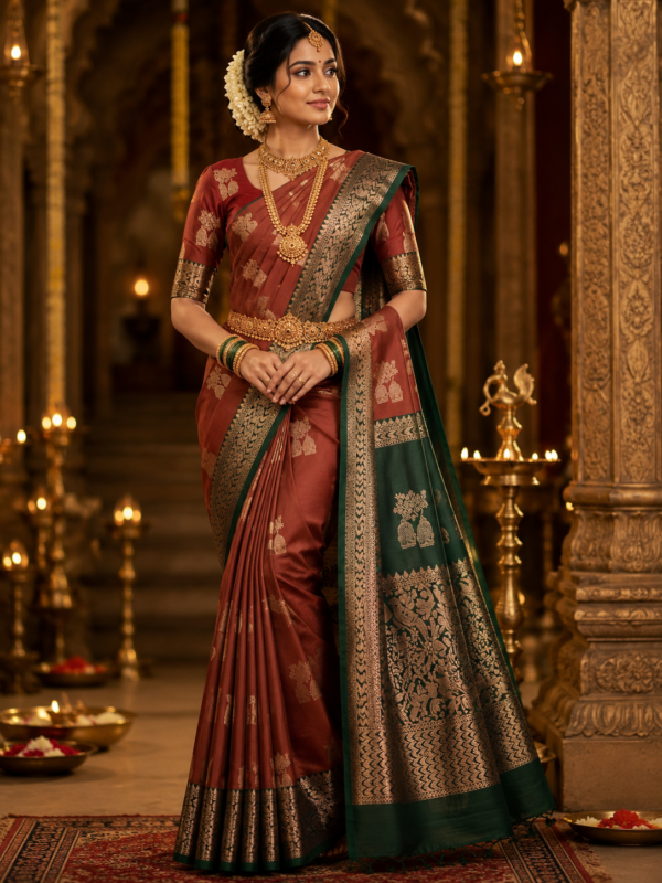 Rust colour Skut border butta design with green pallu