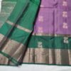 Lavender colour Skut border butta design with green pallu Semi Kanchi Pattu Handloom Saree Lavender colour & Emerald Green with Peacock Zari Border | Traditional Silk Saree