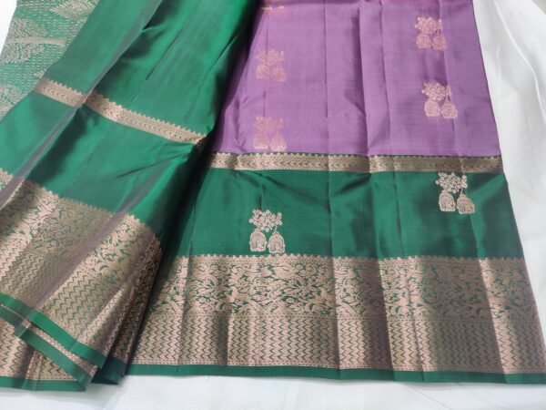 Lavender colour Skut border butta design with green pallu Semi Kanchi Pattu Handloom Saree Lavender colour & Emerald Green with Peacock Zari Border | Traditional Silk Saree