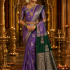 Lavender colour Skut border butta design with green pallu Semi Kanchi Pattu Handloom Saree Lavender colour & Emerald Green with Peacock Zari Border | Traditional Silk Saree