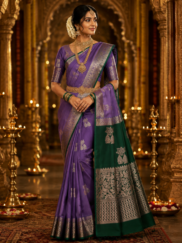 Lavender colour Skut border butta design with green pallu Semi Kanchi Pattu Handloom Saree Lavender colour & Emerald Green with Peacock Zari Border | Traditional Silk Saree
